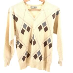 Vintage 70s Murray Allen Harrods Cream 100% Cashmere Argyle V-Neck Sweater